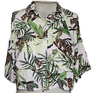 Jungle Animal Print Short Sleeve Button Up Crop Top Size Small